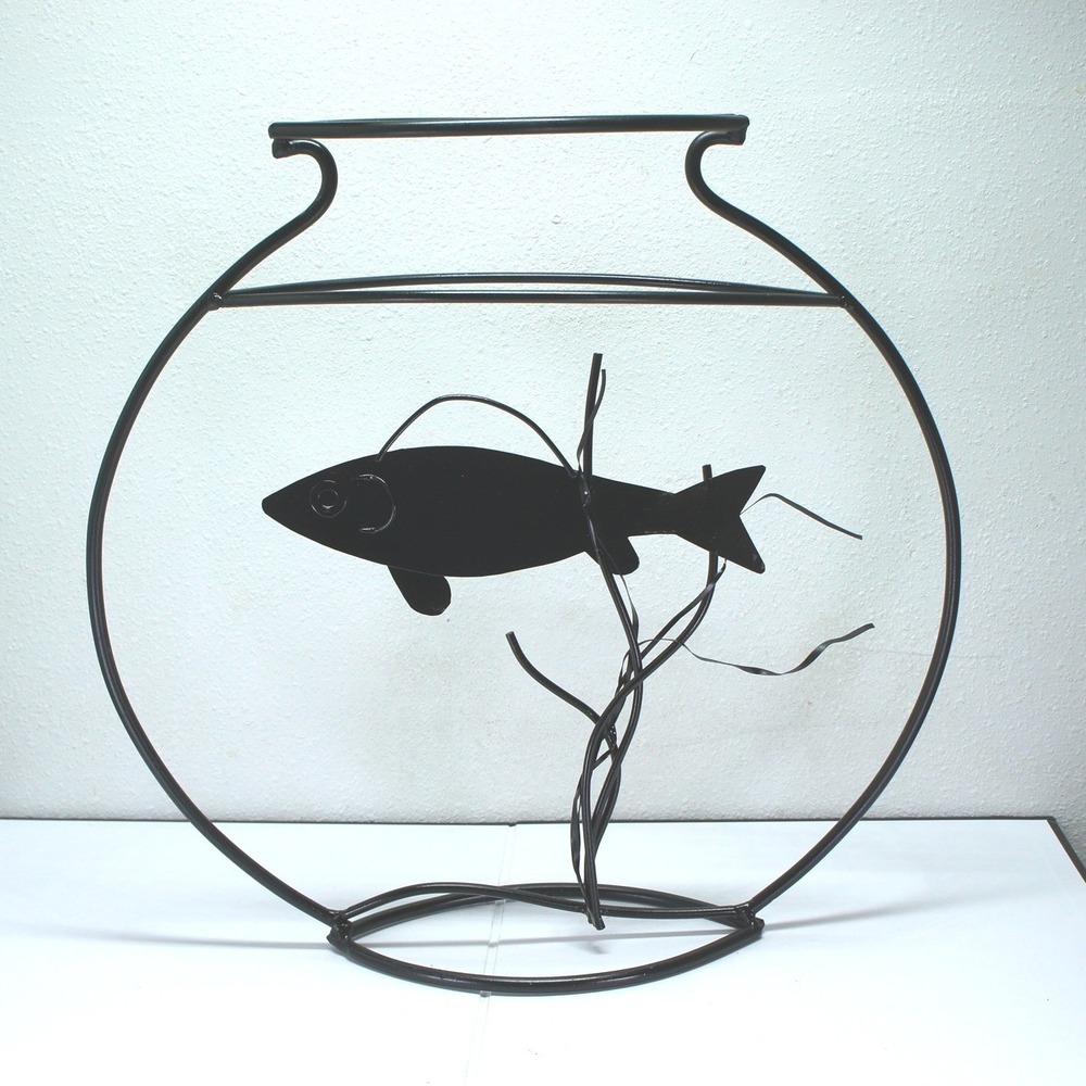 Metal Wire Fishbowl Sculpture 15in Black Brutalist Fish Art Decor
